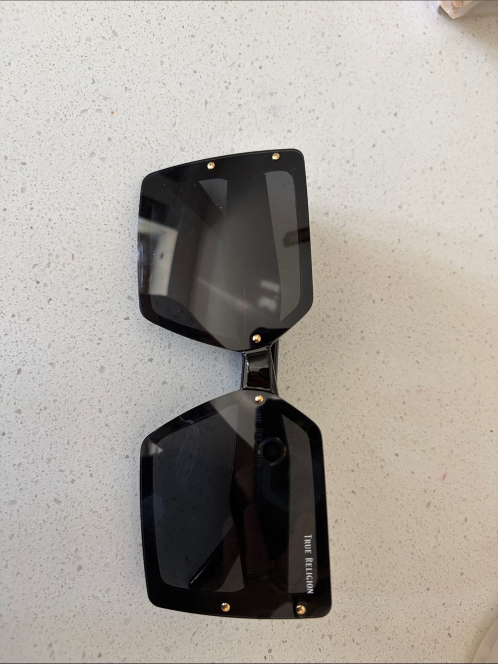 True Religion Glossy Black Square Shield Sunglasses with Gold Studs